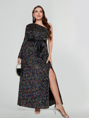 Plus Black Multicolor Sequin One-Shoulder High Slit Satin Belt Maxi Dress