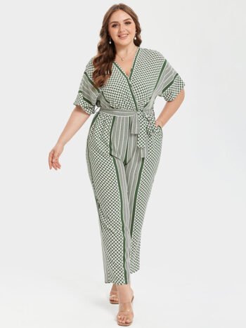 Plus Sage Green Striped V-Neck Pocket Wrap Jumpsuit