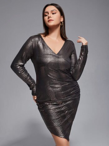 Plus Leopard Faux Leather Shirred Asymmetric Hem Dress
