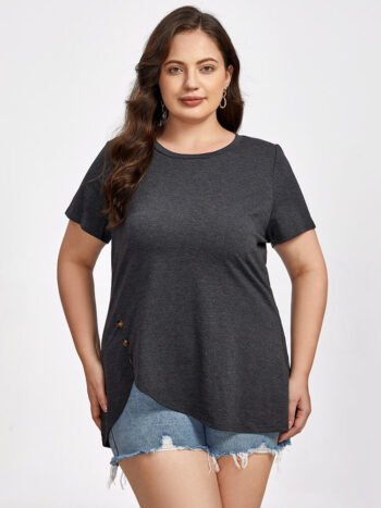 Plus Black Round Neck Button Ditsy Hem Tee