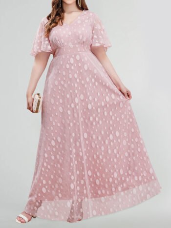 Plus Pink Polka Dot Mesh V-Neck Flutter Sleeve Maxi Dress