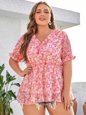 Plus Pink Floral Ruffle Trim Puff Sleeve Blouse