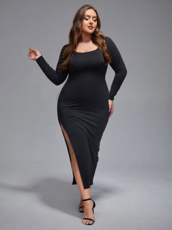 Plus Side Split Round Neck Bodycon Maxi Dress