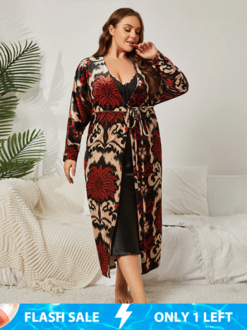 Plus Floral Velvet Tie Front Pajama
