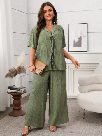 Solid Tie-Front Top & Wide Leg Pants Set