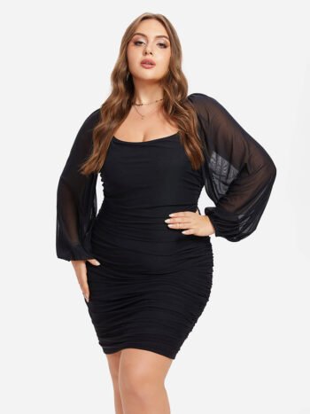 Mesh Sleeve Ruched Bodycon Dress