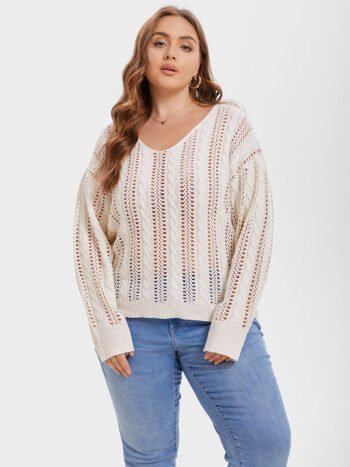 Solid Pointelle Knit Drop Shoulder Sweater