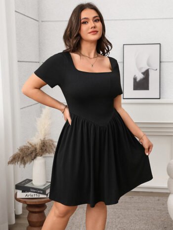 Square Neck Short Sleeve A Line Flared Dress