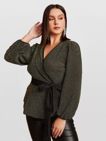 Plus Latern Sleeve Knot Front Glitter Blouse