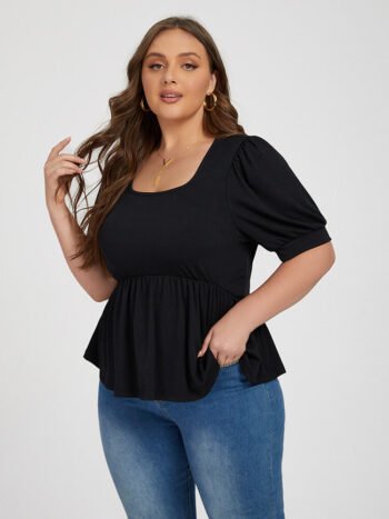Plus Black Elastic Waist Puff Sleeve Blouse