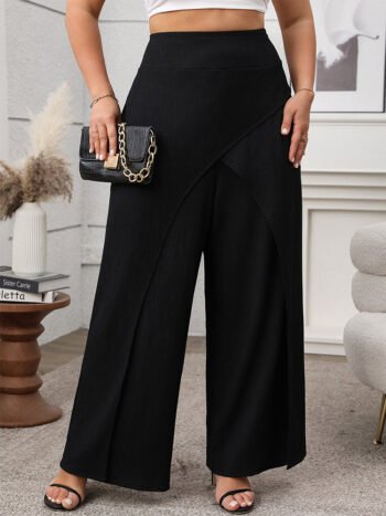Solid High Waist Wrap Wide Leg Pants