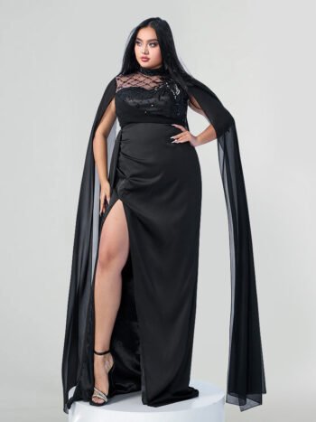 Plus Black Sequin Embellished High Slit Satin  Sheer Cape Sleeves Maxi Dress