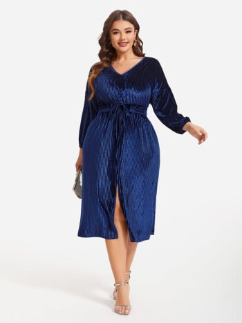 Drawstring Waist Split Velvet Midi Dress