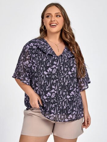Plus Black Floral Elastic Waist Dolman Sleeve Blouse