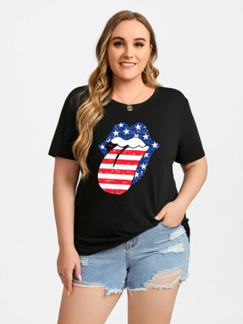 Plus Black Color Tongue Print Round Neck Graphic Tee