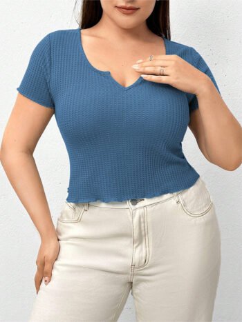 Lettuce Trim Notched V-Neck Waffle Tee