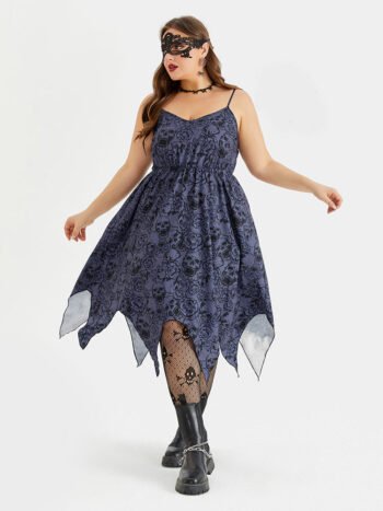 Halloween Skull Print Hanky Hem Cami Midi Dress