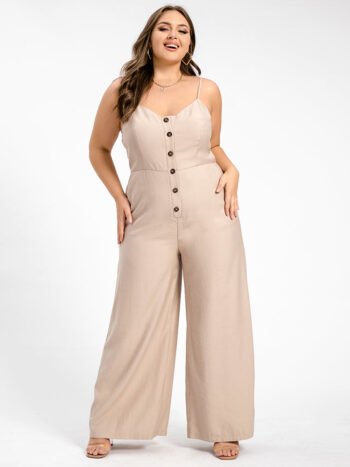 Plus V-Neck Button Pocket Cami Jumpsuit