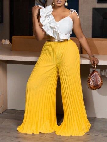 Asymmetrical Ruffle Detail Cami & Pleated Pants Set with Belt