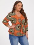 Plus Orange Tropical Print Tie Front Ruffle Blouse