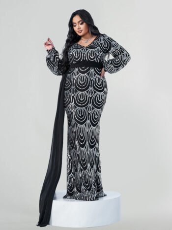 Plus Black and Silver Geometric Sequin Embellished Sheer Cape Maxi Dress