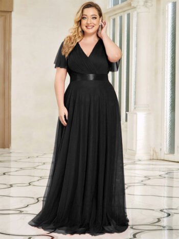 Solid Wrap V Neck Mesh Bridesmaid Dress