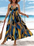 Geo Print Backless Knot Halter Neck Slit Thigh Dress