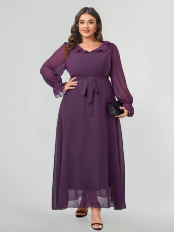 Ruffle Trim Flounce Sleeve Belted Bridesmaid Dress