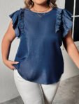 Plus Blue Round Neck Ruffle Sleeve Blouse