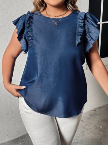Plus Blue Round Neck Ruffle Sleeve Blouse
