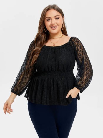 Lace Sleeve Peplum Hem Elastic Waist Blouse