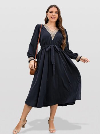 Plus Blue Eyelet Lace Belted Midi Dress