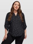 Plus Heart Print Button Front Cuffed Sleeve Blouse