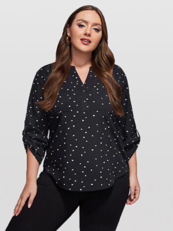 Plus Heart Print Button Front Cuffed Sleeve Blouse
