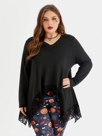 Halloween Contrast Lace Asymmetrical Hem Blouse