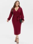 V-Neck Lantern Sleeve Belted Wrap Midi Dress