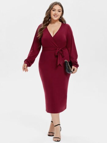 V-Neck Lantern Sleeve Belted Wrap Midi Dress
