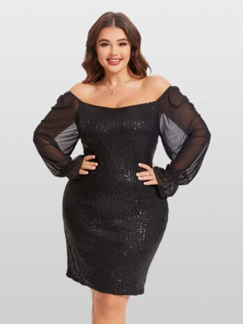 Contrast Mesh Flounce Sleeve Sequin Bodycon Dress