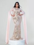 Plus Champagne Sequin Embellished Sheer Cape Sleeves Mermaid Maxi Dress