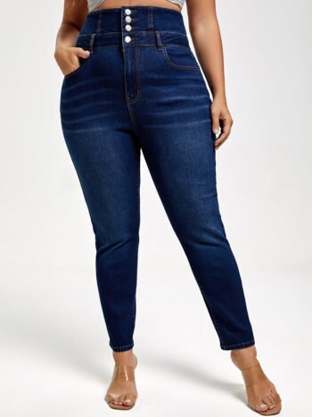 Plus Blue High Waist Button Skinny Jeans