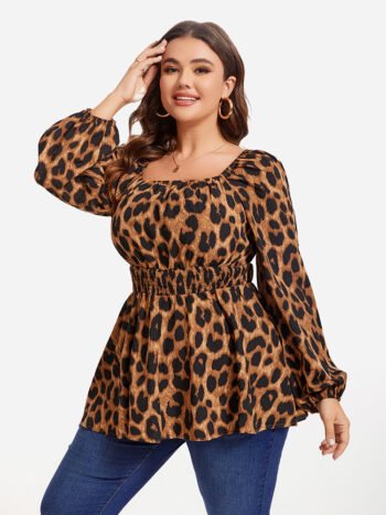 Leopard Print Lantern Sleeve Elastic Waist Blouse
