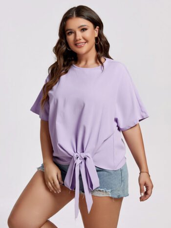 Plus Purple Round Neck Batwing Sleeve Knot Hem Blouse