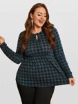 Plus Plaid Neck Tie Elastic Waist Blouse