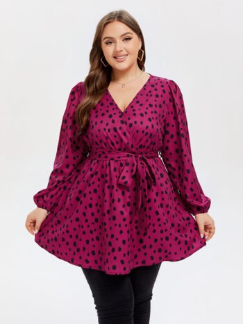 Polka Dot Lantern Sleeve Belted Blouse