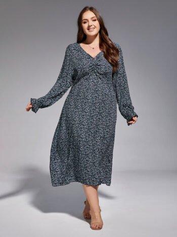 Plus Blue Ruched Elastic Waist Split Midi Dress