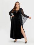 Halloween Contrast Mesh Batwing Sleeve Velvet Split Maxi Dress