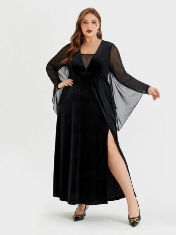 Halloween Contrast Mesh Batwing Sleeve Velvet Split Maxi Dress