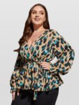 Plus Leopard Print Flounce Sleeve Belted Blouse