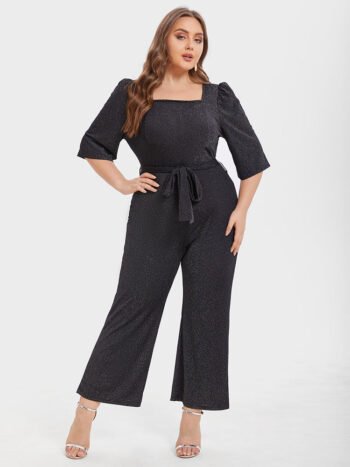 Square Neck Puff Sleeve Belted Glitter Jumpsuit