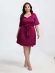 Plus Crisscross Ruched Belted Half Sleeve Party Dress